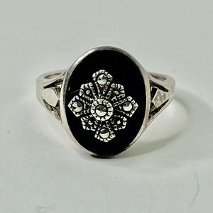 Black Onyx Diamond Silver Ring size 8.5